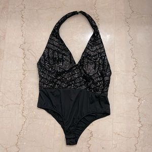 Shinestar Halter Sequin Bodysuit with Low Back